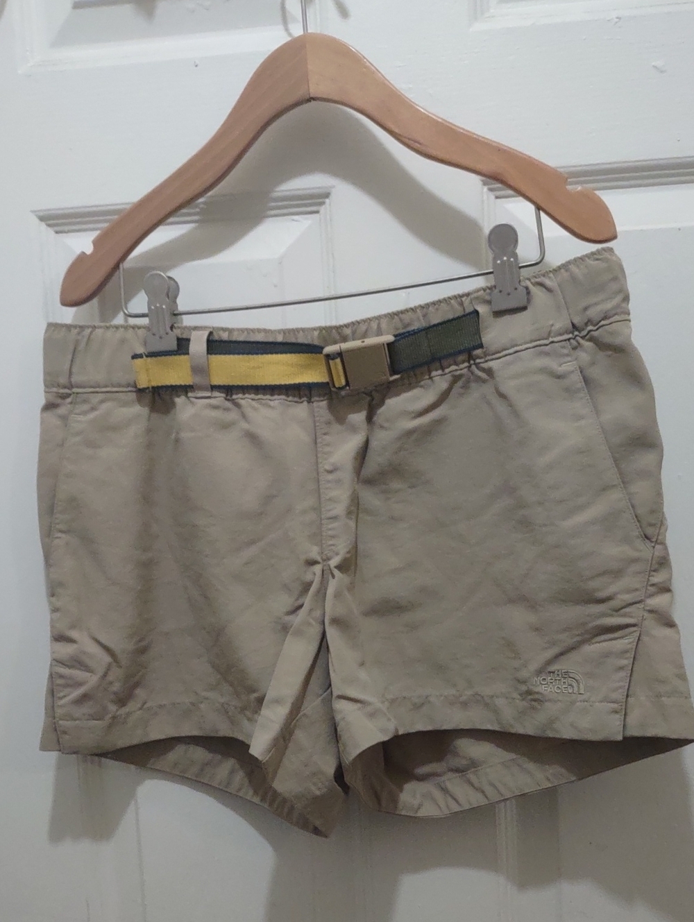 The North Face Women's Khaki Outdoor Shorts with Yellow Accent Belt Size M